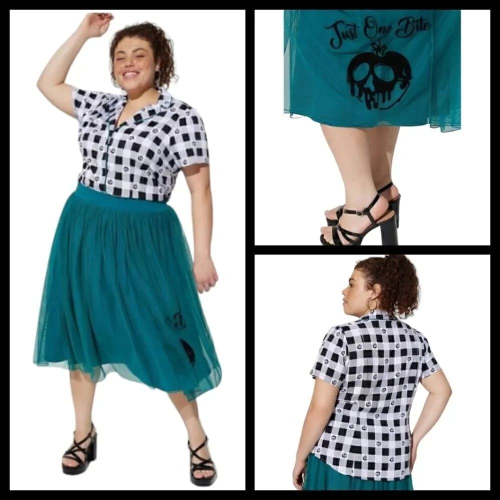 6X 30W Torrid Black Teal Disney Villains Set Gingham Poplin Top Tulle Skirt Midi